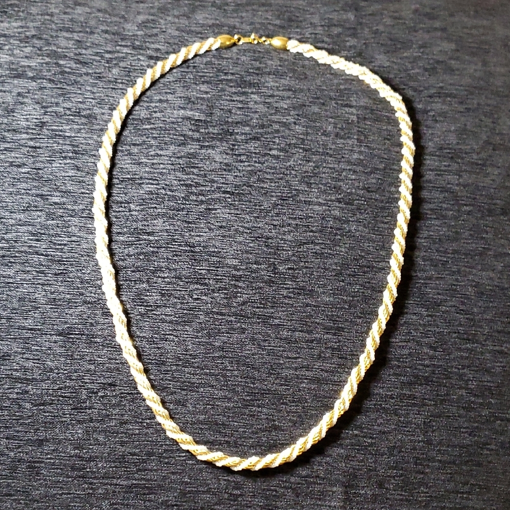 Vintage TRIFARI Gold Rope Chain and White Seed Bead Faux Pearl Twist Necklace